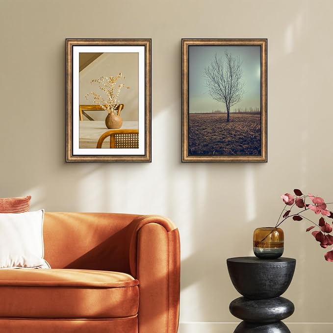Golden State Art, 13x19 Photo Frame with Mat for Pictures 11x17 and Real Glass (Dark Gold Brown & Bronze Pewter Panel with White Color Mat, 1.25 Inch Frame Border)