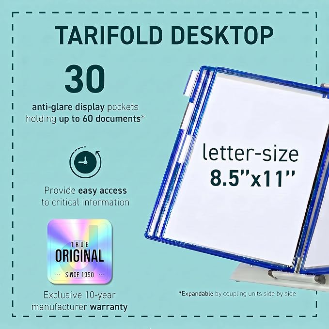 Tarifold Desktop Reference Display System, 30 Pockets, Expandable, Blue | 30 double-sided PVC pockets, holds 60 letter-size sheets, sturdy metal base, quick-find indexing, quick and easy to assemble