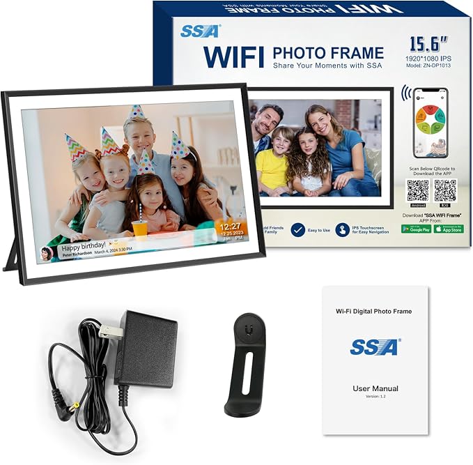 15.7 Inch WiFi Digital Picture Frame with 1920x1080 FHD IPS Touch Screen, Send Photo or Videos via App or Email, 32GB Storage, Support USB Drive/SD Card Extend Storage, Auto-Rotate, Wall Mountable
