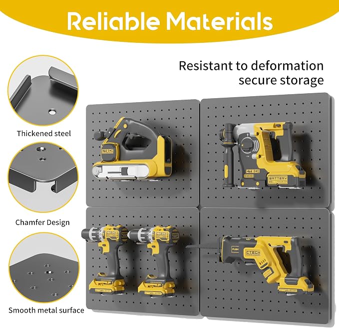 Steel Pegboard Tool Wall Organizer, 4 Pack 14.76 x 10.82 in, 6 Bins, Gray | 6 clear storage bins organize screws and small parts; 36 hooks and 30 peg locks keep garage tools sorted and easy to reach.
