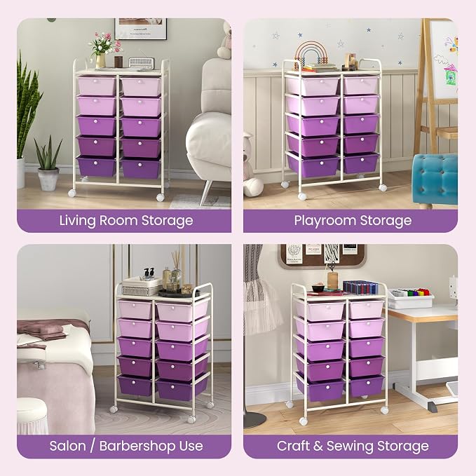 COSTWAY 10 Drawer Rolling Storage Cart, Utility Cart with Lockable Wheels | Mobile Art Supply Craft Organizer with Metal Frame, Multipurpose Drawer Cart for Paper for Office, School, Purple Gradient
