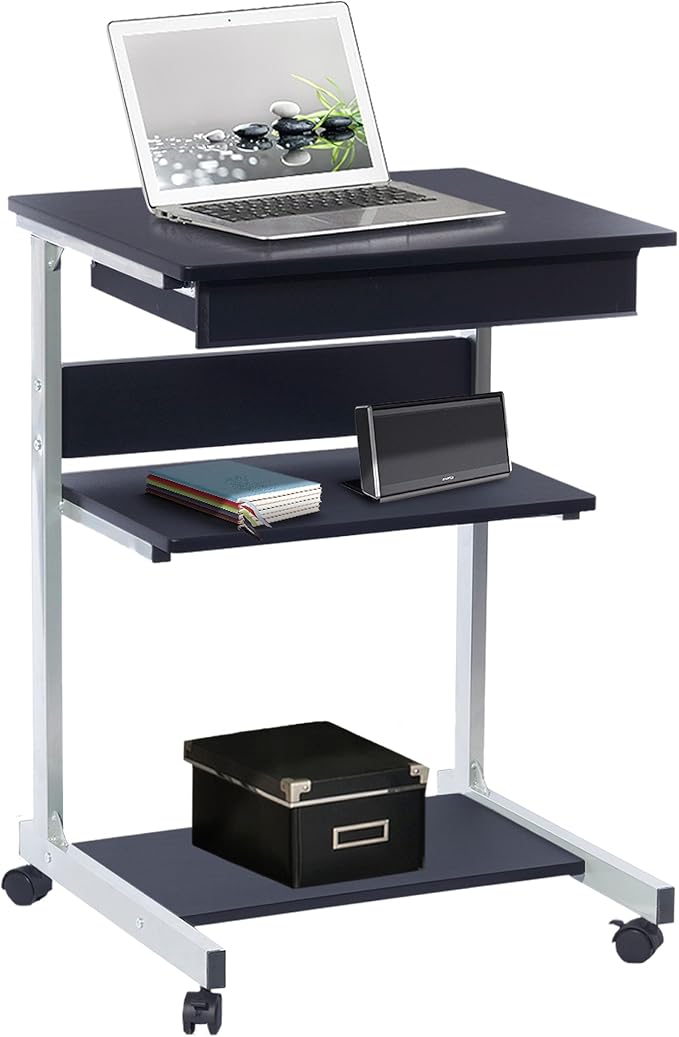 Techni Mobili Rolling Laptop Cart w/ Storage & Printer Shelf,Graphite Black | Rolling laptop cart with storage shelf, printer platform, locking wheels, portable workstation, laptop stand, or mobile desk