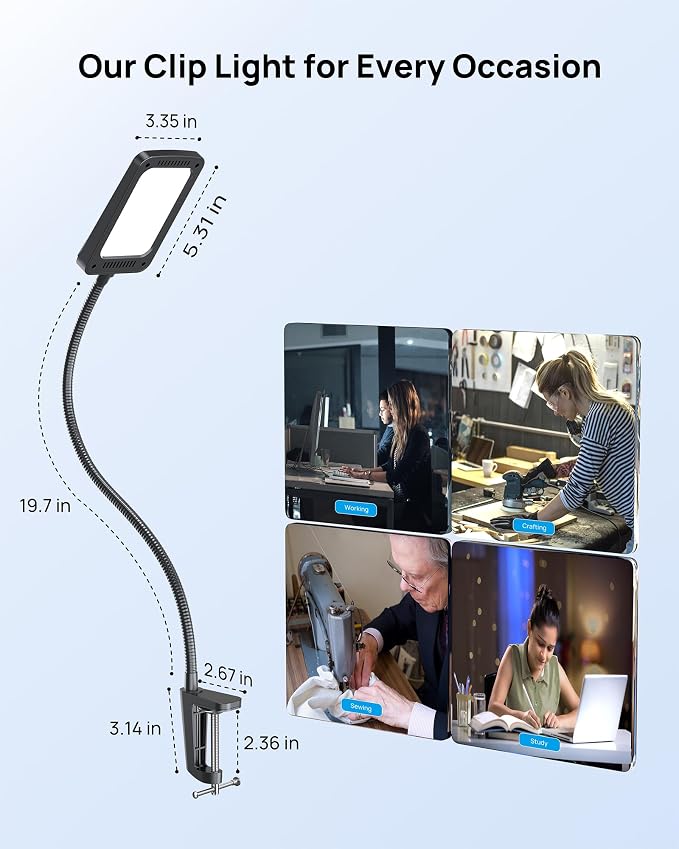 TROND LED Desk Lamp with Clamp, 6000K Daylight, Flexible Gooseneck on Light | 1000LM Super Bright 3-Level Dimmable Desk Light Extra-Long, Eye-Care Clamp Lamp for Painting, Workbench,Reading