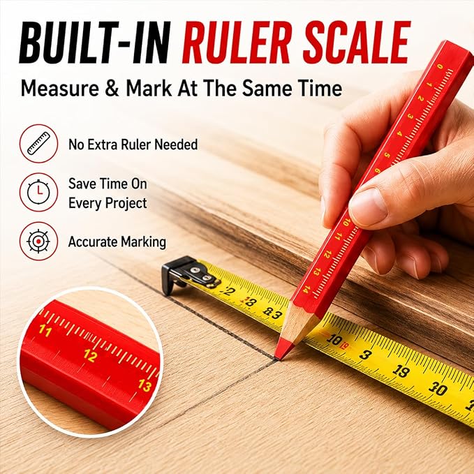 Carpenter Pencil Set for Construction, Woodworking Marking Tool, Scriber for Contractor (Red-Ink)