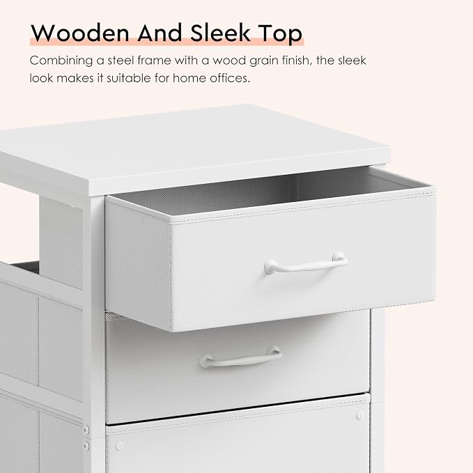 3 Drawer File Cabinet with Wheels with Open Storage Shelf, White | Rolling Printer Stand Fabric Lateral Filing Cabinet for Home Office