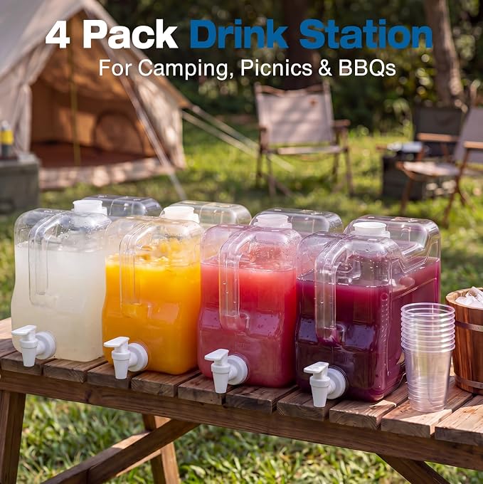 Funnymoom 4 Pcs Drink Water Dispenser for Fridge 2 Gallon Beverage Dispenser with Spigot Plastic Reusable Refrigerator Water Dispensers Waters Jug Container for Party Outdoors Camping Hiking Home