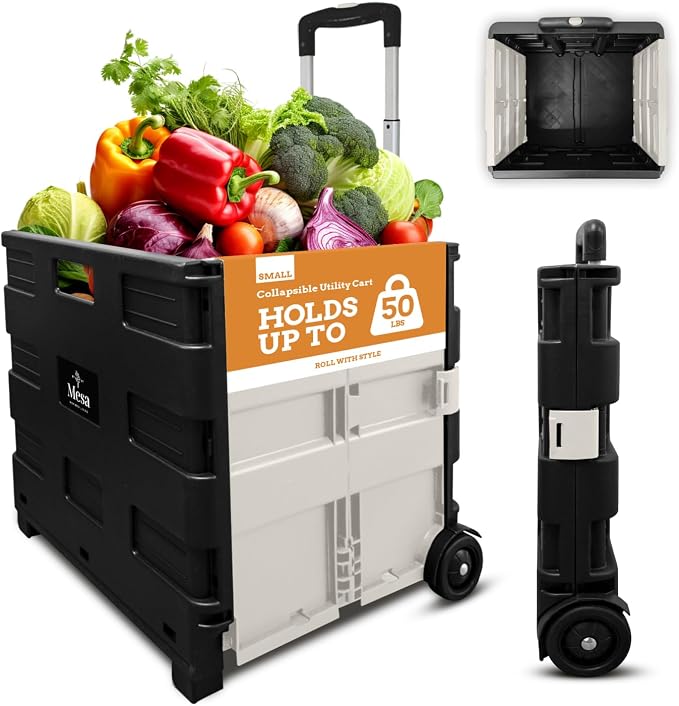 Ultra-Slim Rolling Collapsible Storage Pack-N-Roll Utility-carts, with Telescopic Handle, for Home, Garden, Shopping, Office, School use, Medium, White & Black