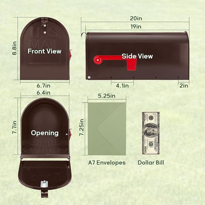 Bronze Metal Mailbox Post Mount, RAINHOL Medium Compacity Mail Box, Galvanized Steel Standard Mailboxes for Outside, 20 x 8.7 x 6.7 inches