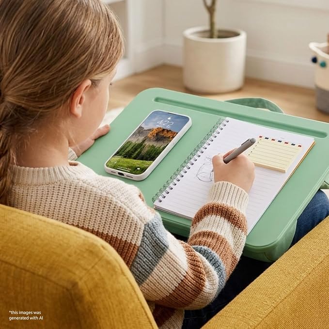 LAPGEAR Compact Lap Desk – Sage Green, Fits 14" Laptops | Microbead Cushion, Built-In Pencil Slot, Carry Handle, Fits Standard Letter-Size Paper (8.5" × 11")