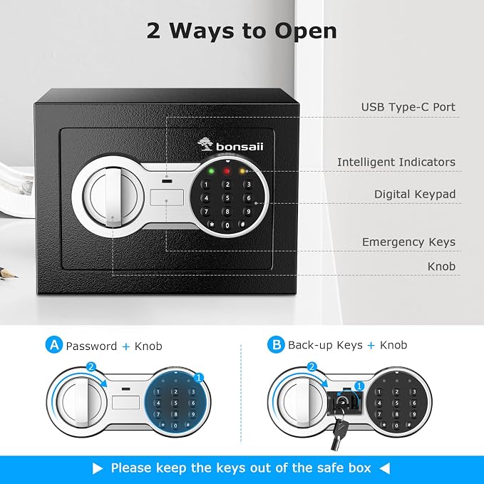 Bonsaii Safe Box with Electronic Keypad, Steel Security Lock Box with Key, 0.23 Cubic Feet, 9.06" W x 6.69" D x 6.69" H, Small Hidden Safe for Cash Jewelry | SPHC steel, 2 reinforcement bolts & hidden hinges, USB-C backup power, 9.06"x6.69"x6.69", fits...