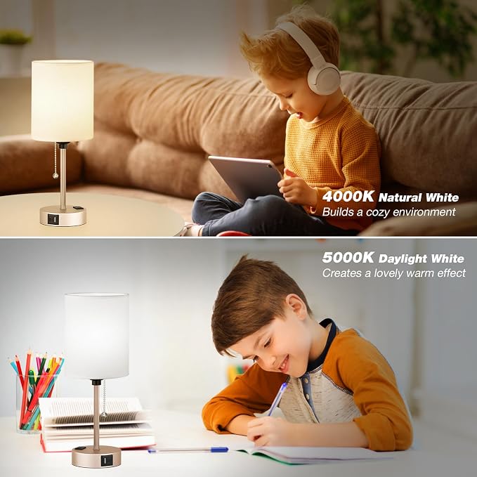 Small Bedside Table Lamp for Bedroom, Desk Lamp with USB Ports for Dorm | USB A+C Ports, AC Outlet, 3 Color Temp, LED Bulb Included, White Fabric Shade, Light-Gold Brass Base, 14" Night Stand Lamp