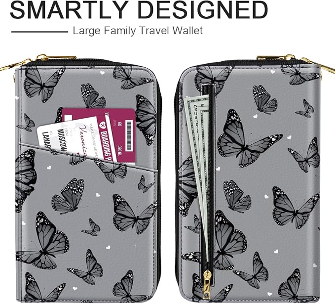 Family Passport Holder Wallet RFID Blocking Document Organizer | PU Leather Mulit-purpose Travel Wallet Credit Cards Case for Women Men, Butterfly