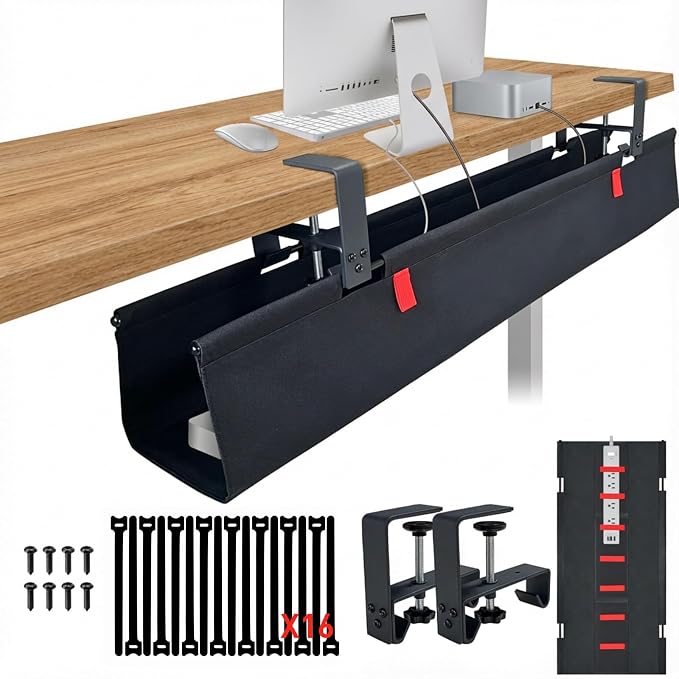 Under Desk Cable Management Tray – No Drill, 36" L x 6" W, Non-Scratch Silicone Clamps, 16 Cable Slots, Washable Honeycomb Base,Black