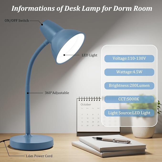 LED Desk Lamps for Home Office, Flexible Gooseneck Eye-Caring Study Lamps | Energy-Saving Desk Light, Anti-tip Heavy Duty Bedside Reading Light, Desk Lamps for College Dorm, Home Office, with 1.6m Cord