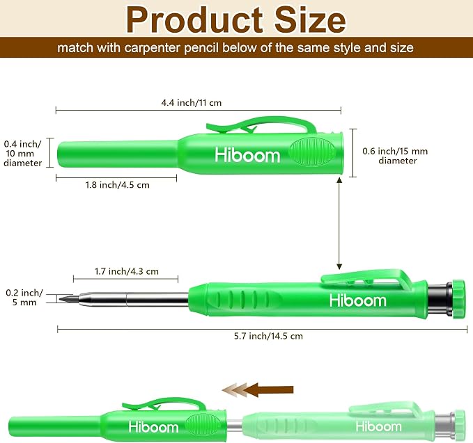 Hiboom 2 Pack Carpenter Pencils with Pencil Cap and 18 Refills, Green | Mechanical Pencil, Deep Hole Marking, Built-In Sharpener, Long Nose Tip, Pocket Clip, Marks Many Surfaces, Woodworking Use