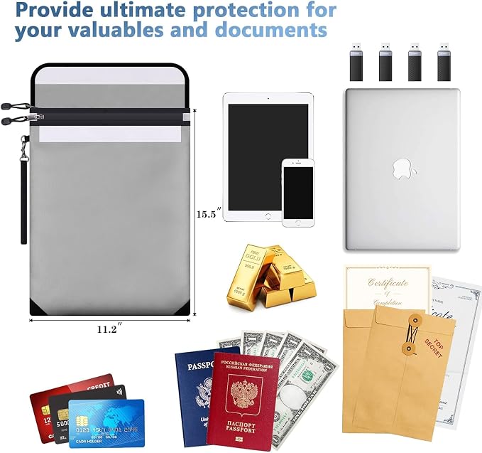 Fireproof Document Bag 15.5"x11.2", Dual Zipper Pockets, Waterproof Fire Resistant Safe for Legal & A4 Size Papers, Important Document & Money Organizer for Home Office & Travel