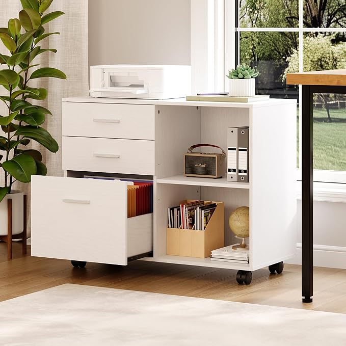 VINGLI 3 Drawer Wood Lateral File Cabinet with Adjustable Shelves & Locking Wheels, Printer Stand with Drawers for Letter Size Files, Sturdy White File Cabinets for Home Office, Study & Business