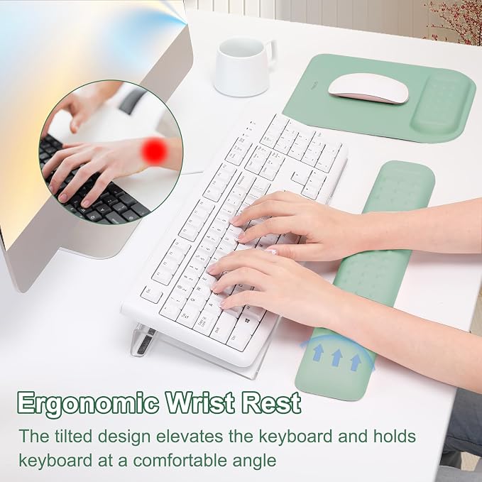 MOSISO Keyboard Stand&Wrist Rest Support for Keyboard &Mouse Pad Set | Ergonomic Massage Wrist Rest Set, Easy Typing Working Acrylic Clear Stand for Office Home, Antique Green