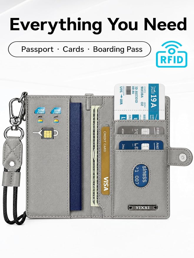 Trackable Passport Holder for Travel, RFID Blocking Wallet, Grey | Rechargeable PU leather cover works with Apple Find My and is Apple MFi certified; it includes card storage and a lanyard.