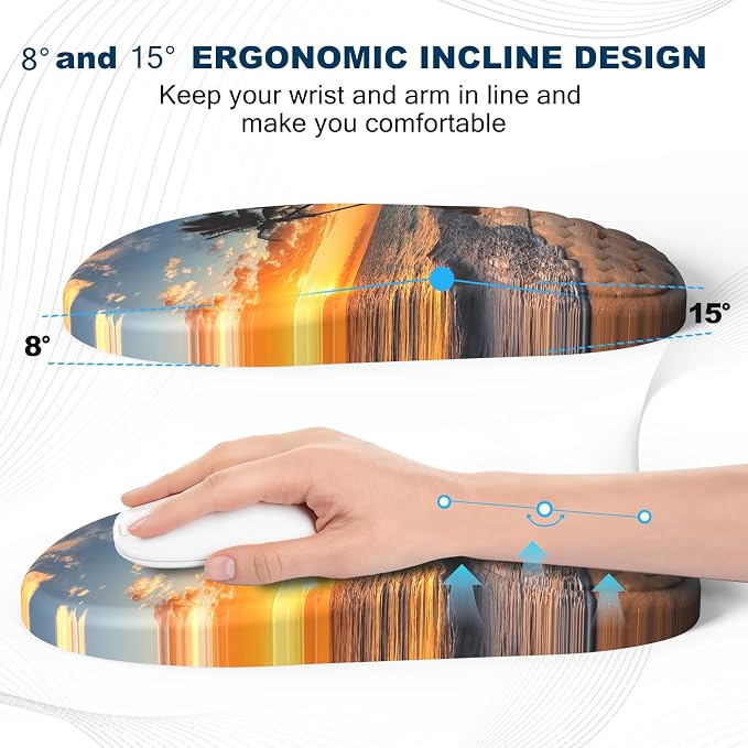 Ergonomic Mouse Pad and Keyboard Wrist Rest with Massage Design, Space-Saving Mouse Pad Wrist Support, Memory Foam Wrist Rest with Non-Slip PU Base for Computer Desk, Beach