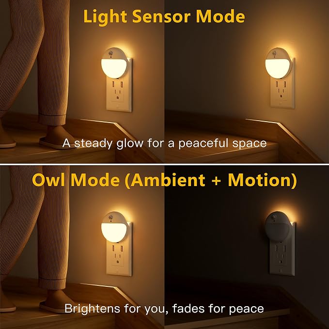 YUNLEX 2 Pack Plug in Night Light with Motion Sensor and Dusk to Dawn Sensor, Stepless Dimming, Warm White LED Nightlight with 3 Lighting Ways for Bathroom, Bedroom, Kitchen, for Kids, Adults