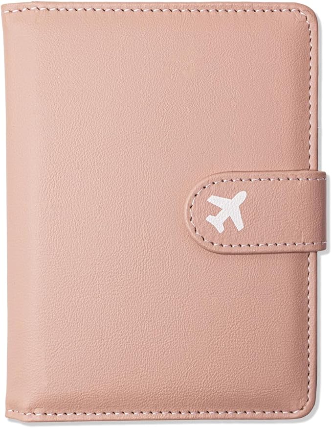 Passport Holder, Cute Travel Wallet Cover with RFID Blocking,Pink | PU leather travel wallet with magnetic closure, card slots, pen loop, and easy access for passports and essentials.