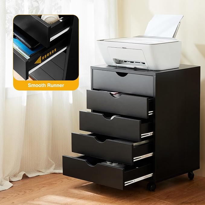 OLIXIS 5 Drawer File Cabinet, Printer Stand with Storage Cabinet | Wood Under Desk Storage Organization Holds Printer, Office Supplies, Not For Hanging Files, Fit Home Office Black