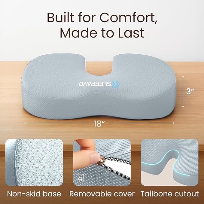 Sleepavo Office Chair Cushion - Seat Cushion for Tailbone Pain Relief - Butt Pillow for Coccyx, Sciatica, and Lower Back Pain - Orthopedic Chair Pad for Lumbar Support in Office Desk (Gray)