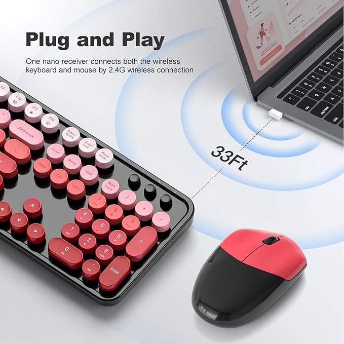 MOFII Wireless Keyboard and Mouse Combo, Full Size 2.4G Plug and Play Typewriter Retro Round Computer Keyboard and Mouse Set for Windows, Computer, Desktop, PC, Notebook - (Black Red Gradient)