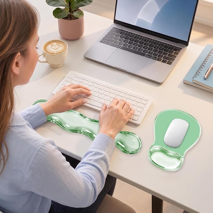 Keyboard Wrist Rest & Ergonomic Mouse Pad with Wrist Rest Set, Cute Transparent Gel Wrist Rest for Keyboard and Mouse, Soft Support for Pain Relief, Office, Gaming Desk Accessories（Green）