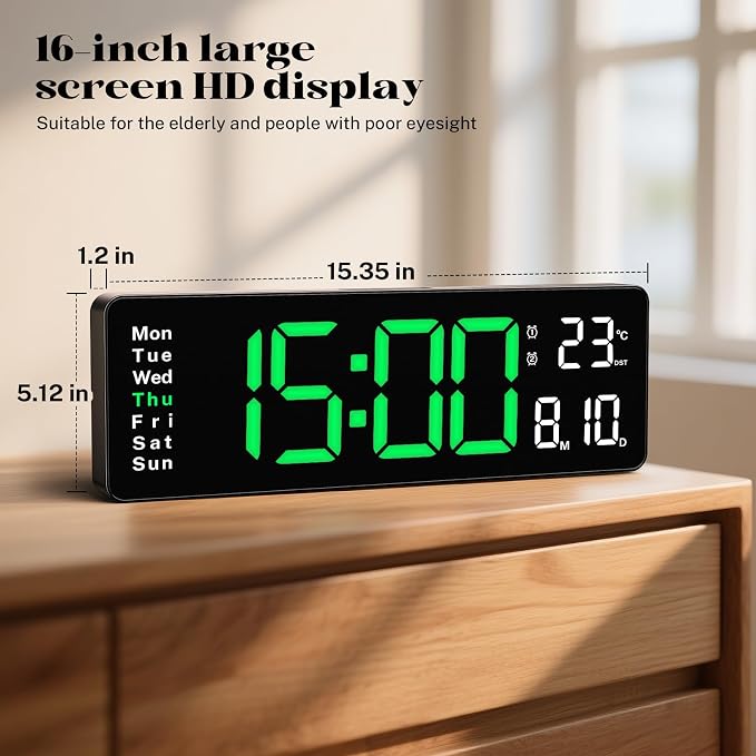 Digital Clock Large Display, 16" Large Digital Wall Clock for Classroom, Led Big Wall Electric Clocks with Remote Control,Date,Week,Alarm,Temp,Night Light for Bedroom,Living Room,Gym,Office