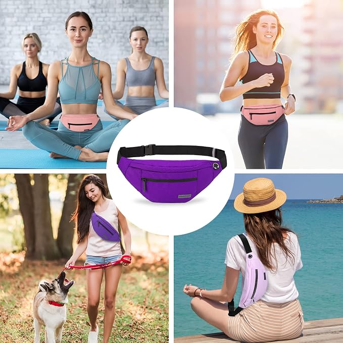 MAXTOP Large Purple Fanny Pack Sling Bag,Gifts for Enjoy Sports Hiking | 4-Zipper Pockets,Polyester,Hands-Free Wallets Shoulder Phone Bag Carrying All Phones