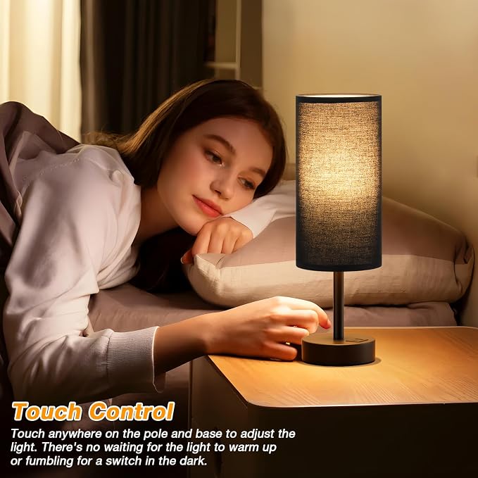Dicoool Bedside Table Lamp for Bedroom - 3-Way Dimmable Touch Lamp, USB A+C | LED Bulb Included, 14" Small Nightstand Lamp for Desk, Living Room, Guest Room, Black Fabric Lampshade, Black Metal Base
