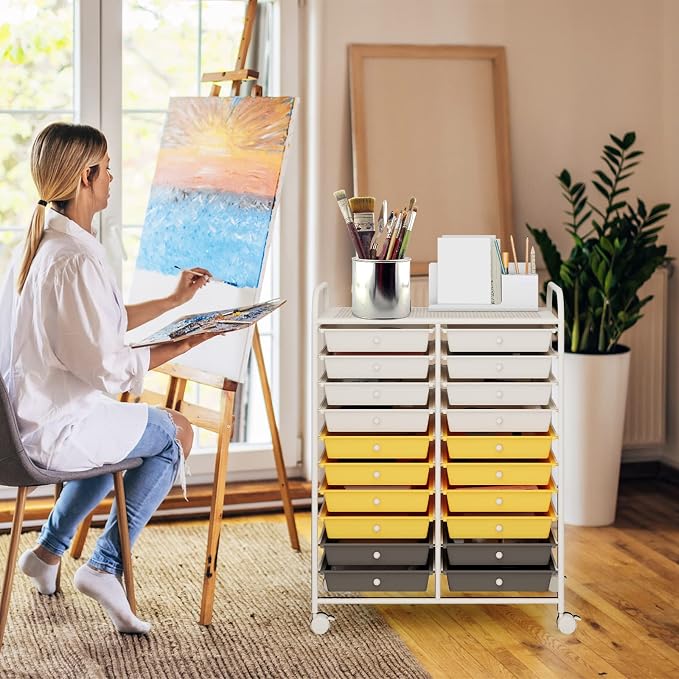COSTWAY 20-Drawer Rolling Storage Cart, Utility Storage Organizer Cart | For Tools, Scrapbook, Paper, Craft, Multipurpose Storage Trolley on Wheels for Home Office School (Yellow, Beige & Grey)