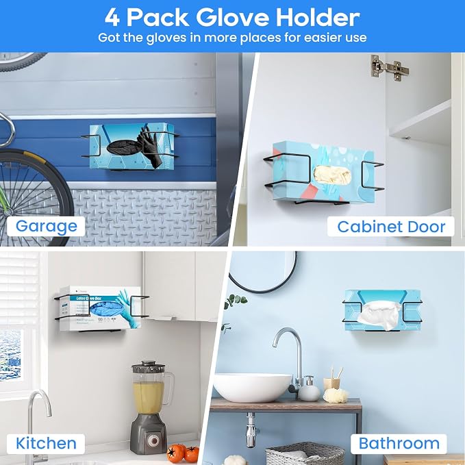 THYGIFTREE Glove Box Holder Wall Mount Dispenser, 4 Pack Metal Rack for Disposable Nitrile, Latex & Vinyl Gloves, Fits 100 & 200 Count Boxes for Kitchen, Garage, Lab, Black