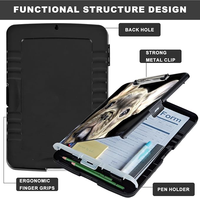 Clipboard with Storage,Storage Clipboard with Pen Holder,Heavy Duty Plastic Storage Clipboard with Low Profile Clip,Teacher Must Haves,Clipboard Folder,Office Supplies,Dog -1339