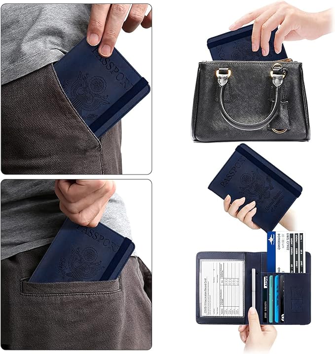 WALNEW Passport Holder for Travel, RFID Passport Wallet, Travel Essentials | PU Leather Passport Cover Case with Pen Holder, Travel Must Haves Accessories, Passport Book Holder for Women Men