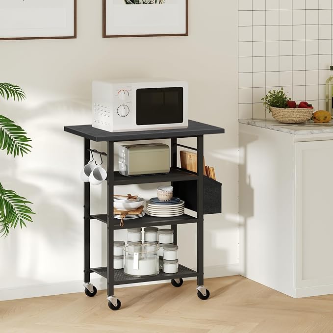 MAHANCRIS 4-Tier Printer Stand, Rolling Printer Table on Wheels, Industrial Storage Stand with Side Pocket, Wooden Tabletop, 2 S-Shaped Hooks, for Home Office, Black PTBK2601