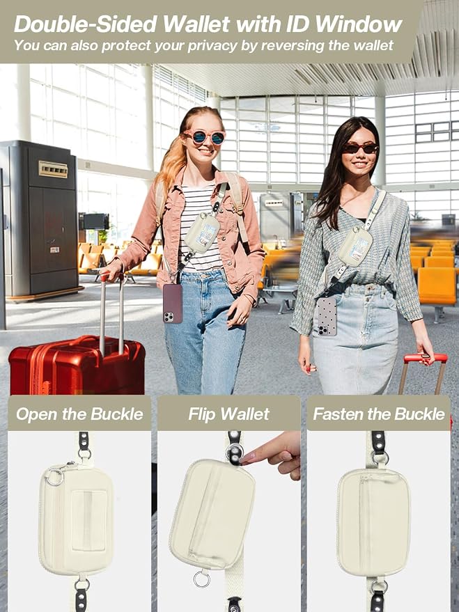 Tiostep Clip and Go Strap for Phone with Wallet Crossbody Phone Lanyard Adjustable and Detachable RFID Wristlet Wallet (Beige, Medium)