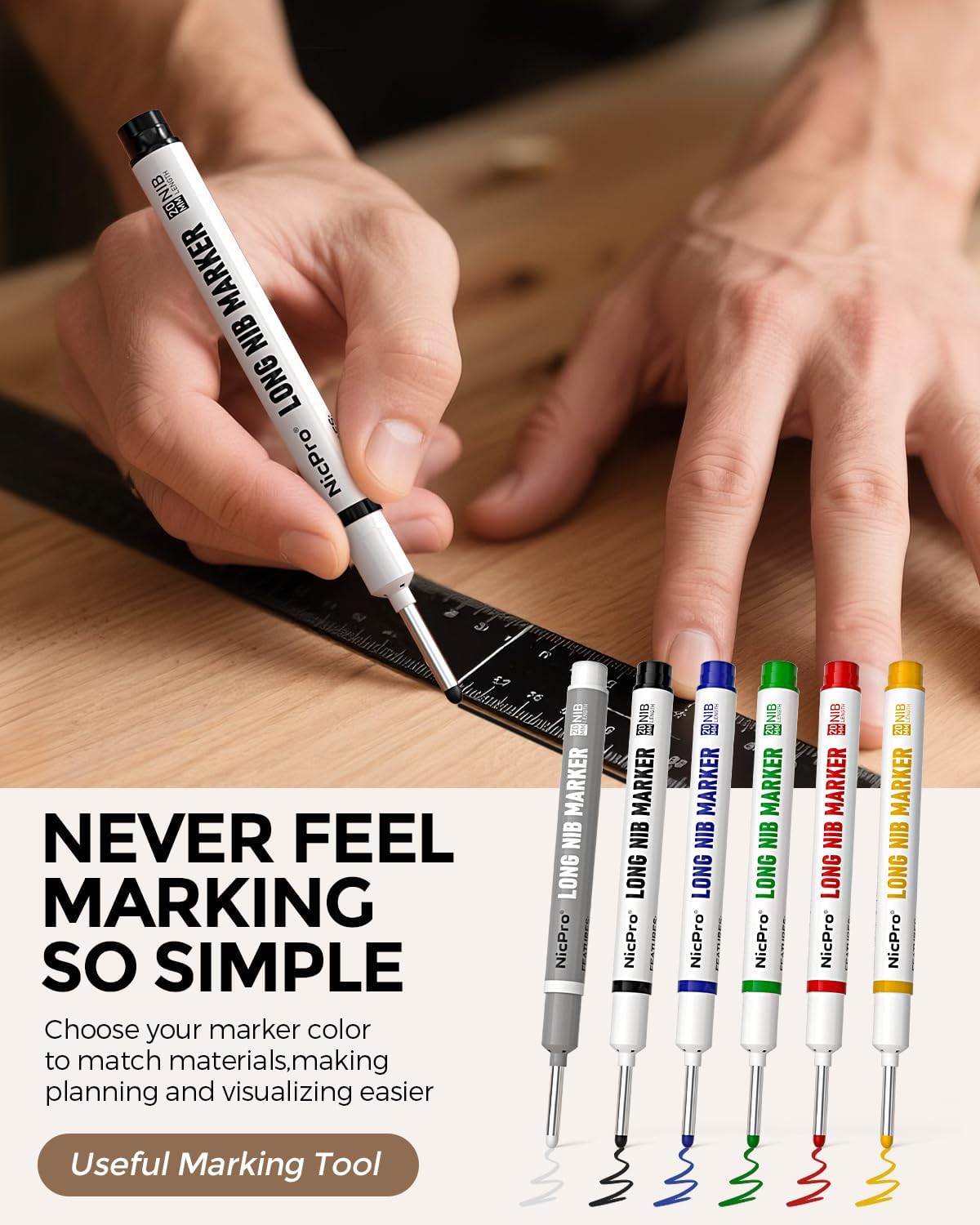 Nicpro 12 PCS Long Nib Marker Pens, 20mm Deep Hole Markers, Quick Dry & Waterproof Construction Marker, Long Head Mark Pens for Metal, Steel, Tile, Glass, Carpenter Marking Tool for Woodworking