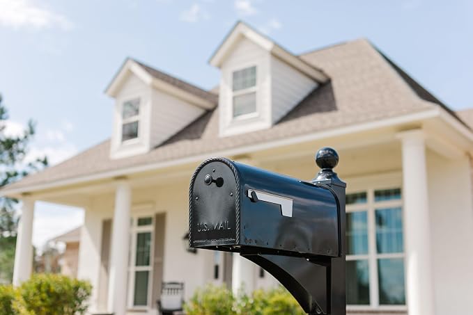 Architectural Mailboxes Edwards Post Mount Mailbox, Black, Large | Galvanized steel build for outside with rust-resistant powder-coat finish and a magnetic door closure. USPS approved.