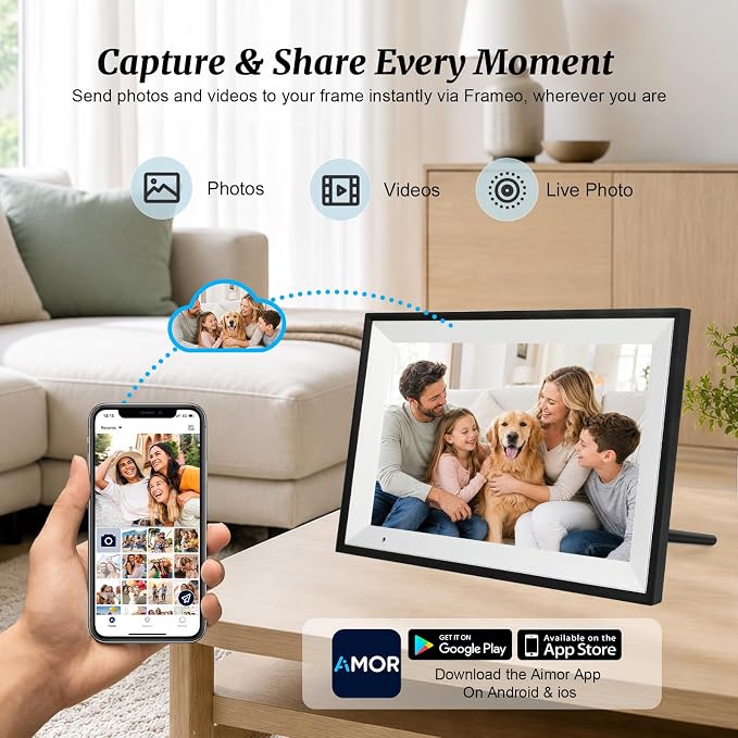 Digital Picture Frame, 10.1 Inch Digital Photo Frame with 32GB Storage, WiFi Photo Frame with 1280×800 HD IPS Touch Screen, Auto-Rotate Smart Electronic Frame, Share Photos and Videos via AiMOR App