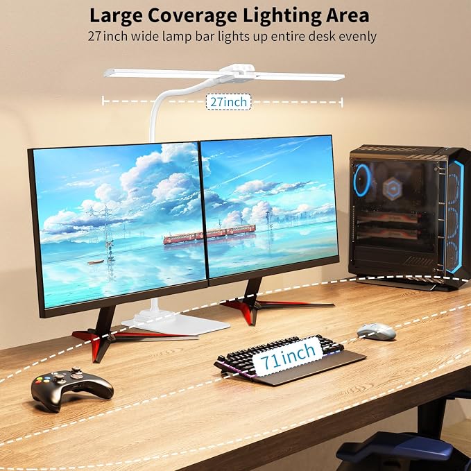 LED Desk Lamp Double Light: 1200LM Desk Light Base for Home Office, White | Dual Screen Computer Monitor Light, Architect Table Lamp for Working Reading Drafting,Dimmable 4 Colors Memory 30-Min Timer