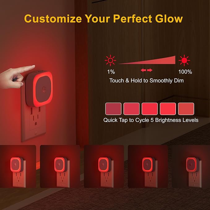 YUNLEX 2 Pack Plug in Red Night Light with Motion Sensor & Dusk to Dawn Sensor, Soft Glow, 0% Blue Light, Dimmable, Auto On/Off, 3 in 1 LED Lights for Bedroom, Kids, Bathroom, Hallway