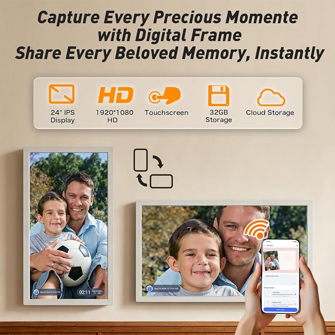 24" Digital Calendar Electronic-eCalendar WhiteBoard-Meal-Planner - Touchcreen Picture-Frame Display, Chore Chart, No Subscription, Star Reward, Auto-Sync Online via App, Wall Mount, Gifts for Mom