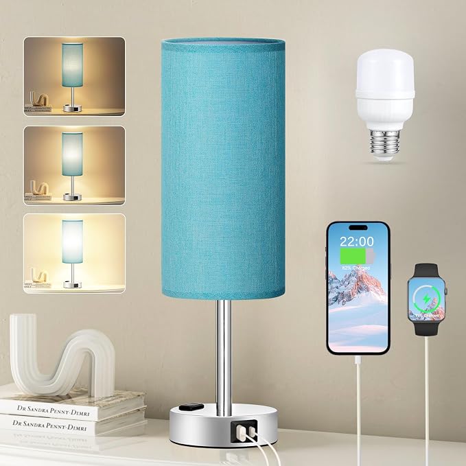 Turquoise Nightstand Table Lamp for Bedroom - 3 Way Dimmable Touch Lamp USB A and C Charging Ports and AC Outlet, Small Lamp for Office Desk with Metal Base, LED Bulb Included