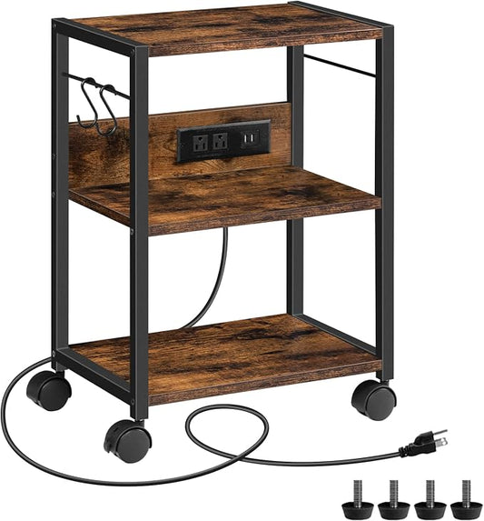 MAHANCRIS Industrial Printer Cart, 3-Tier Mobile Printer Stand, Rolling Cart with Power Outlets and USB Ports, Home Printer Stand with 2 Hooks, for Office, Living Room, Rustic Brown PTHR40E01Z