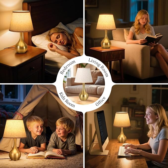 16.1" Touch Table Lamp for Nightstand, 3 Way Dimmable Small Bedroom Lamp | Touch Control, Bulb Included, Gold Bedside Lamps for Desk, Night Stands, Living Room, End Table, Corded