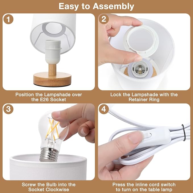 Small Table Lamps (White Shade - Wood Base, 9" Inline Control) | 3000K LED Blub Included | 680 Lumens | Easy Assembly | Minimalist Design | E26 | for Kitchen | for Kids Room