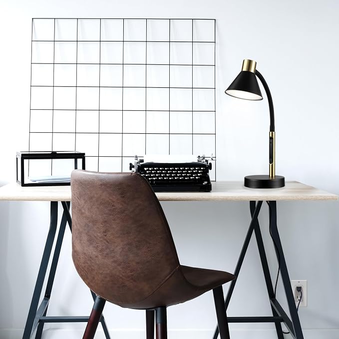 Globe Electric 62000034 15" LED Integrated Desk Lamp, Matte Black, Brass Accent, Adjustable Gooseneck, Dimmable, 3 Color Temperature, 7.5W, 90 CRI, 400 Lumens, Reading Light, Dorm Room Essentials